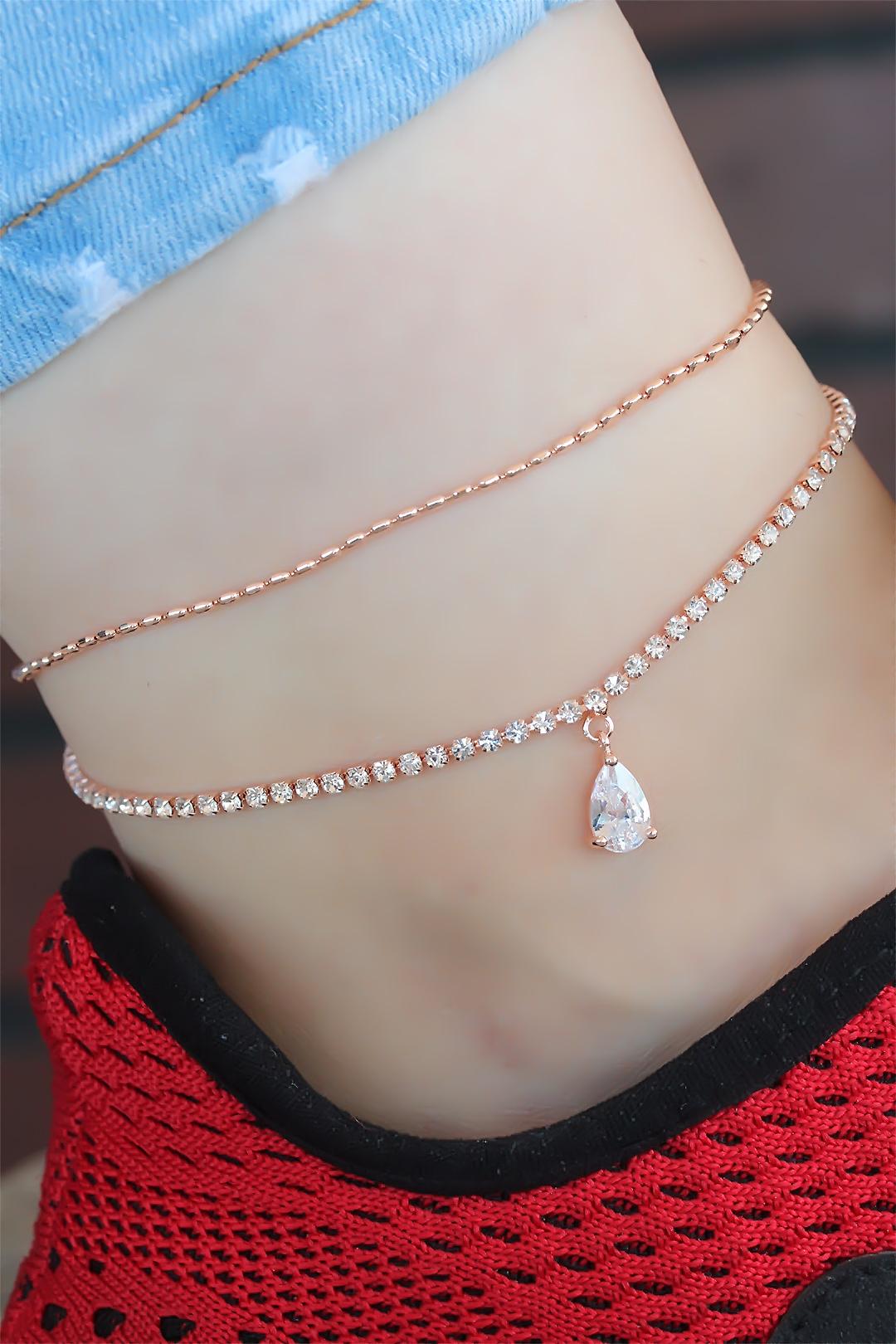 Zirkon Taşlı Rose Renk Çift Zincirli Hal Hal