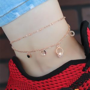 Kristal Taşlı Halkalı Rose Renk Çift Zincirli Hal Hal