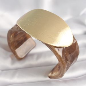 Kahverengi Mermer Desen Akrilik Plastik Gold Oval Plaka Model Vintage Kadın Bilezik