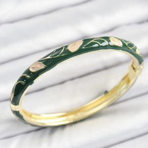 Mineli Pirinç Gold Renk Yeşil Çiçek Motifli Kadın Kelepçe