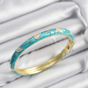 Mineli Pirinç Krem Ve Turkuaz Yaprak Motifli Gold Renk Kadın Kelepçe