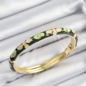 Mineli Pirinç Krem Ve Yeşil Çiçek Motifli Gold Renk Kadın Kelepçe