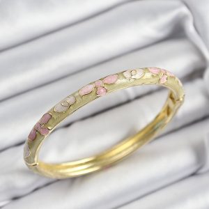 Mineli Pirinç Pembe Hardal Ve Krem Çiçek Motifli Gold Renk Kadın Kelepçe