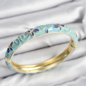 Mineli Pirinç Turkuaz Çiçek Motifli Gold Kadın Kelepçe