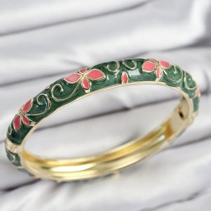 Mineli Pirinç Yeşil Çiçek Motifli Gold Kadın Kelepçe