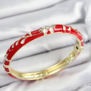 Mineli Pirinç Zirkon Taşlı Kırmızı Çiçek Motifli Gold Kadın Kelepçe