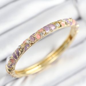 Mineli Pirinç Zirkon Taşlı Pembe Mor Çiçek Motifli Gold Kadın Kelepçe