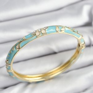 Mineli Pirinç Zirkon Taşlı Turkuaz Çiçek Motifli Gold Kadın Kelepçe