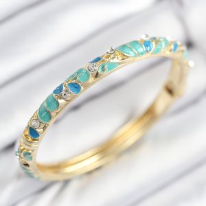 Mineli Pirinç Zirkon Taşlı Turkuaz Mavi Çiçek Motifli Gold Kadın Kelepçe