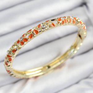 Mineli Pirinç Zirkon Taşlı Turuncu Çiçek Motifli Gold Kadın Kelepçe