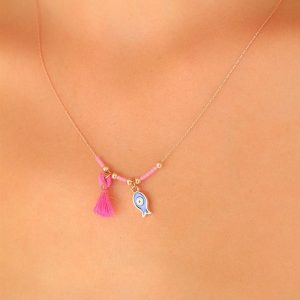 Nazar Boncuklu Pembe Renk Taşlı Rose Bayan Kolye