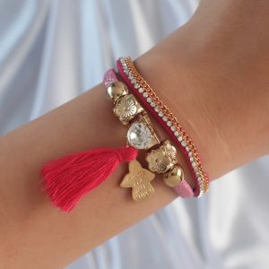 Pembe Renk Zirkon Taşlı Püskül Detay Deri Çoklu Bileklik