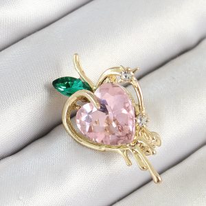 Pembe Ve Yeşil Zirkon Taşlı 3D Eriyen Kalp Figürlü Gold Renk Kadın Broş