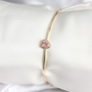 Pembe Zirkon Taşlı Kalp Model Gold Renk Kadın Bileklik