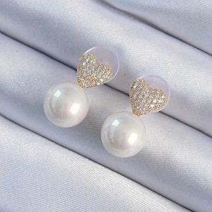 Pirinç Altın Renk Zirkon Taşlı Kalp Model İnci Tasarım Kadın Küpe