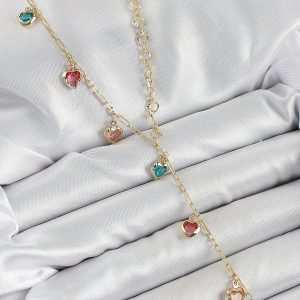 Pirinç Asorti Kalp Model Gold Renk Zirkon Taşlı Y Kolye