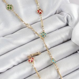 Pirinç Asorti Kalpli Yonca Model Gold Renk Zirkon Taşlı Y Kolye