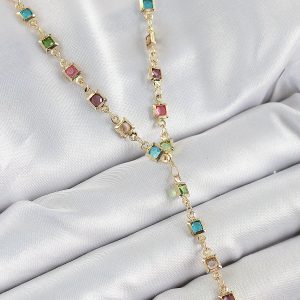 Pirinç Asorti Kare Model Gold Renk Zirkon Taşlı Y Kolye