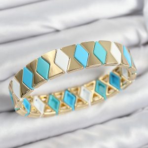 Pirinç Baklava Desenli Mavi Beyaz Gold Renk Lastikli Kadın Bileklik