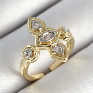 Pirinç Beş Taş Trend Figür Zirkon Taşlı Gold Renk Ayarlanabilir Kadın Yüzük