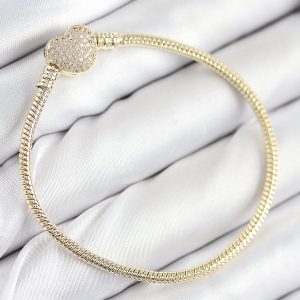 Pirinç Charm Zirkon Taşlı Kalp Model Gold Renk Kadın Bileklik