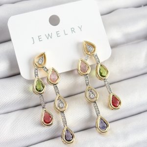 Pirinç Çoklu Damla Model Karşık Zirkon Taşlı Gold Ve Gümüş Renk Kadın Küpe