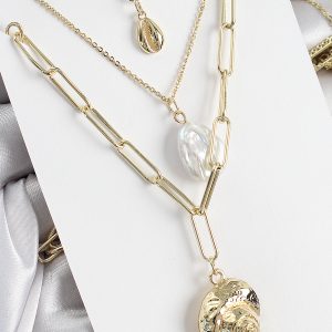 Pirinç Çoklu Zincirli İncili Deniz Kabuğu Model Gold Renk Kadın Kolye