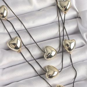 Pirinç Füme Renk Zincir 3D Gold Renk Kalp Model Kadın Kolye