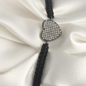 Pirinç Füme Renk Zirkon Taşlı Kalp Figür Asansörlü Makrome Model Kadın Bileklik