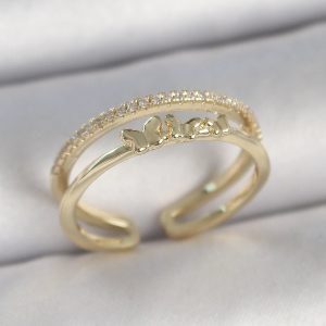 Pirinç Gold Renk 2'Li Sıra Zirkon Taş Detaylı Kelebek Figürlü Ayarlanabilir Model Kadın Yüzük