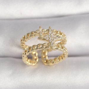 Pirinç Gold Renk 2'Li Zincir Zirkon Taşlı Yıldız Figür Kadın Yüzük