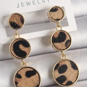 Pirinç Gold Renk 3'Lü Leopar Desenli Sallantı Daire Plaka Model Kadın Küpe