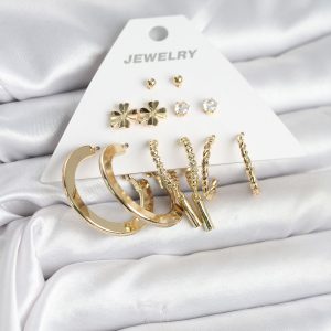 Pirinç Gold Renk 6 Çift Kadın Küpe Seti