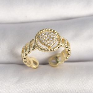 Pirinç Gold Renk Ayarlanabilir Zirkon Taşlı Kalp Model Kadın Yüzük