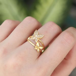 Pirinç Gold Renk Ayarlanabilir Zirkon Taşlı Kelebek Yüzük