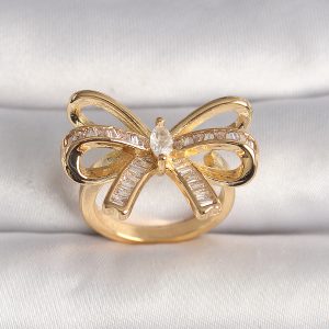 Pirinç Gold Renk Ayarlanabilir Zirkon Taşlı Kurdele Model Kadın Yüzük