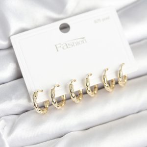 Pirinç Gold Renk Baklalı Halka 925 Gümüş Çivi Kadın Küpe Seti