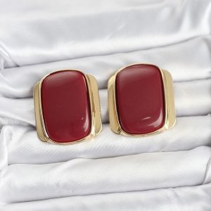 Pirinç Gold Renk Bordo Plaka Vintage Kadın Küpe