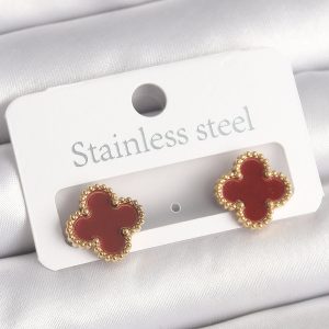 Pirinç Gold Renk Bordo Yonca Model Kadın Küpe