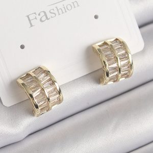 Pirinç Gold Renk Çift Sıra Zirkon Taşlı Kadın Küpe