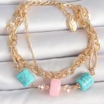 Pirinç Gold Renk Çoklu Zincir Model Mavi Taş Figürlü Kadın Bileklik