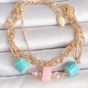 Pirinç Gold Renk Çoklu Zincir Model Mavi Taş Figürlü Kadın Bileklik