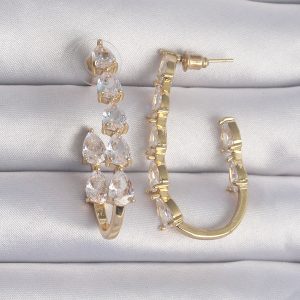 Pirinç Gold Renk Damla Zirkon Taş Tasarımlı Küpe