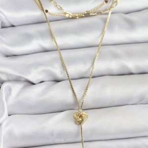 Pirinç Gold Renk Düğüm Model Detaylı 3'lü Kombin Y Kadın Kolye