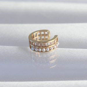 Pirinç Gold Renk İncili Baget Taşlı Earcuff Küpe