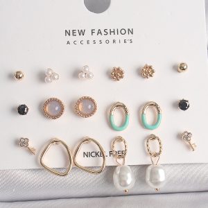 Pirinç Gold Renk İncili Halka Model 9 Çift Kadın Küpe Seti