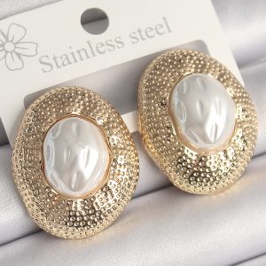 Pirinç Gold Renk İncili İşlemeli Daire Model Kadın Küpe