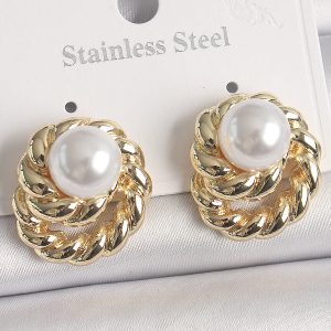 Pirinç Gold Renk İncili Sarmal Burgu Model Kadın Küpe