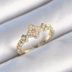 Pirinç Gold Renk İncili Yonca Model Zirkon Taş Detay Kadın Yüzük