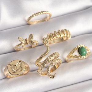 Pirinç Gold Renk İşlemeli Yılan Model Kelebek Detay 6'Lı Kadın Yüzük Seti